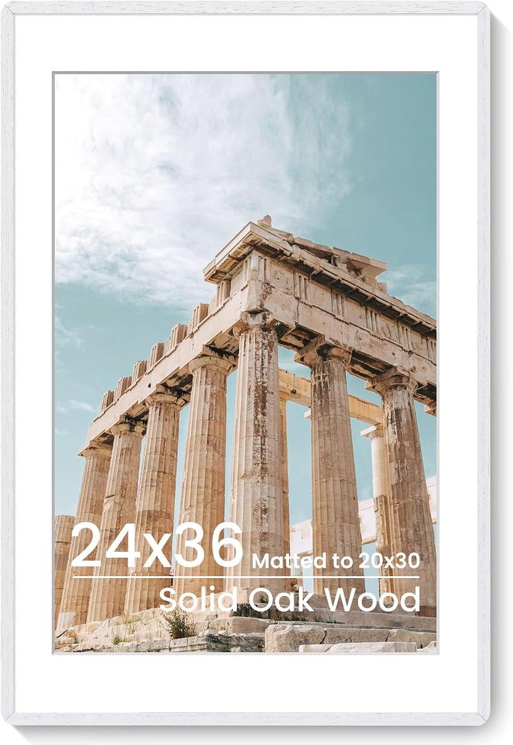 FLYJOE 24x36 Poster Frame | Solid Oak Wood 24 x 36 Picture Frame | 24x36 Poster Frame With Mat For 20x30 | Tempered Glass And Hanging Hardware Included | 36 By 24 Photo Frame Wood (White, 1 Pack)