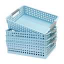 Soddeph 4 Pack Plastic Storage Basket with Handles, Wide Shallow Organizer Bin for Open-Top Desk and Drawer Organizer, Perfect for Snacks, Stationery (Blue)