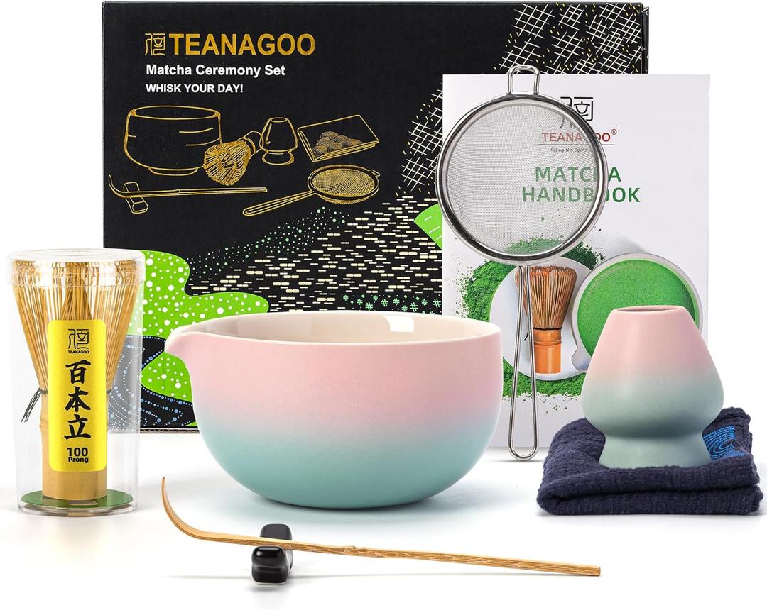 TEANAGOO Matcha Whisk Set Pink,Ceremony Matcha Set Kit Grident Pink,Matcha Tea Set for Making Breakfast/Latte,7 Pcs Matcha Whisk Set and Bowl with All Accessories,Gift for Family/Friend (Pink Green Gradient 1)