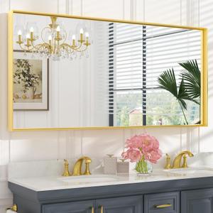 Keonjinn Brushed Gold Bathroom Mirror 60 x 30 Metal Framed Rectangular Wall Mirror Large Farmhouse Bathroom Mirrors Rectangle Gold Wall-Mounted Vanity Mirrors(Horizontal/Vertical)