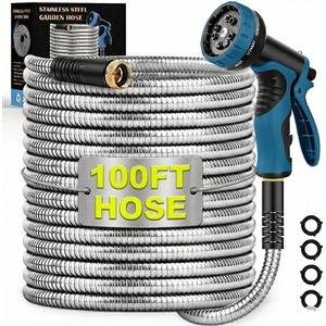 Garden Hose 100FT, Water Hose with 10 Function Nozzle, Garden Hose Metal with Leak-proof Connectors, No-Kink, Lightweight, Puncture-proof, Pet-proof, Sturdy, Hose for Outdoor, Yard