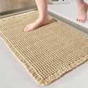 Soft Waffle Bath Mat, Super Absorbent Non Slip Bath Mats for Bathtub, Machine Washable Bathroom Rugs with Tassels, Rubber Backed (17''x 24'', Khaki)