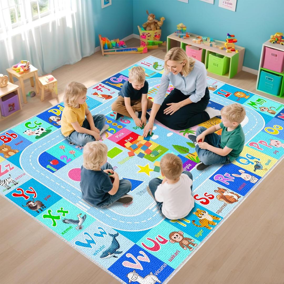 BATATADOCE Alphabet Rug for Classroom - ABC Rugs for Kids Playroom Educational Rug for Learning Alphabet,Numbers,Colors,Season and Animal Words Kids Play Mat for Classroom Bedroom,Blue,4.5x6 Feet