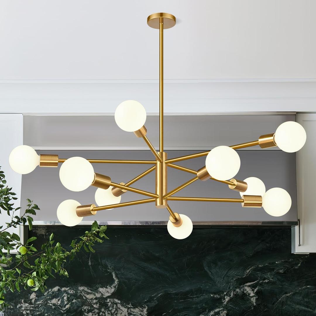 Sputnik Chandeliers Dining Room Light Fixture (10-Light, 33-Inch), Modern Gold Chandelier, Height Adjustable Mid Century Modern Chandeliers for Bedroom Kitchen Entryway