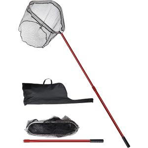 Avlcoaky Large Saltwater Rubber Fishing Net with Telescoping Handle & Carrying Bag Large Fish Net for Kayak Boat Fishing Landing Net with Handle Big Fish Nets Extend to 61-94in, Net Depth 24in (Red)