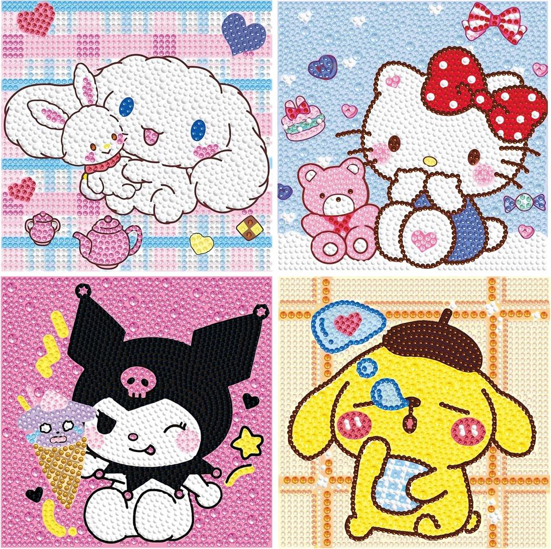 Diamond Art Kits for Kids Ages 8-12, 4 Pcs Cartoon Diamond Painting Mosaic Kits for Girls and Boys, Full Drill Crystal Art Kits for Home Wall Decor, 6" x 6" Anime Themed DIY Craft Gifts for Children