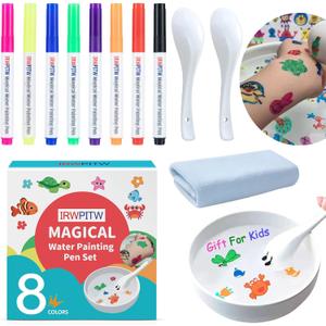 IRWPITW Magic Drawing Pen Bundle, 8 Colors Magical Water Painting Pens for Kids, Kiddies Create Magic Pen Floating Ink Drawings Set with Spoons and Towel, Tattoo Water Marker Gifts for Boys and Girls