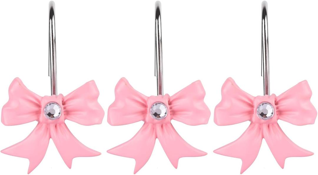 Pink Decorative Shower Curtain Hooks,12 Pcs Decorative Bow Knot Shower Hooks for Bathroom Decor Rust Proof Shower Curtain Rings Hangers (Bow Knot)