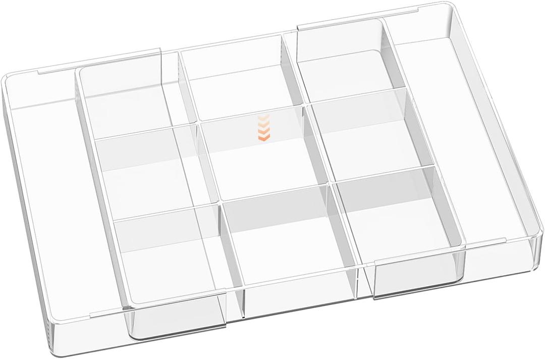 VDTEB Acrylic Expandable Desk Drawer Organizer with 11 Adjustable Compartments and 6 Removable Dividers Desk Accessories for Office Kitchen Bathroom Makeup and Utensil Junk Storage (Clear, 3Pcs)