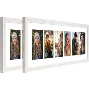 8x26 Collage frame with 6 Openings 4X6 Pictures, Multiple Picture Frame with Mat, Wall or Tabletop Decor, White Wood Grain,2 Pack