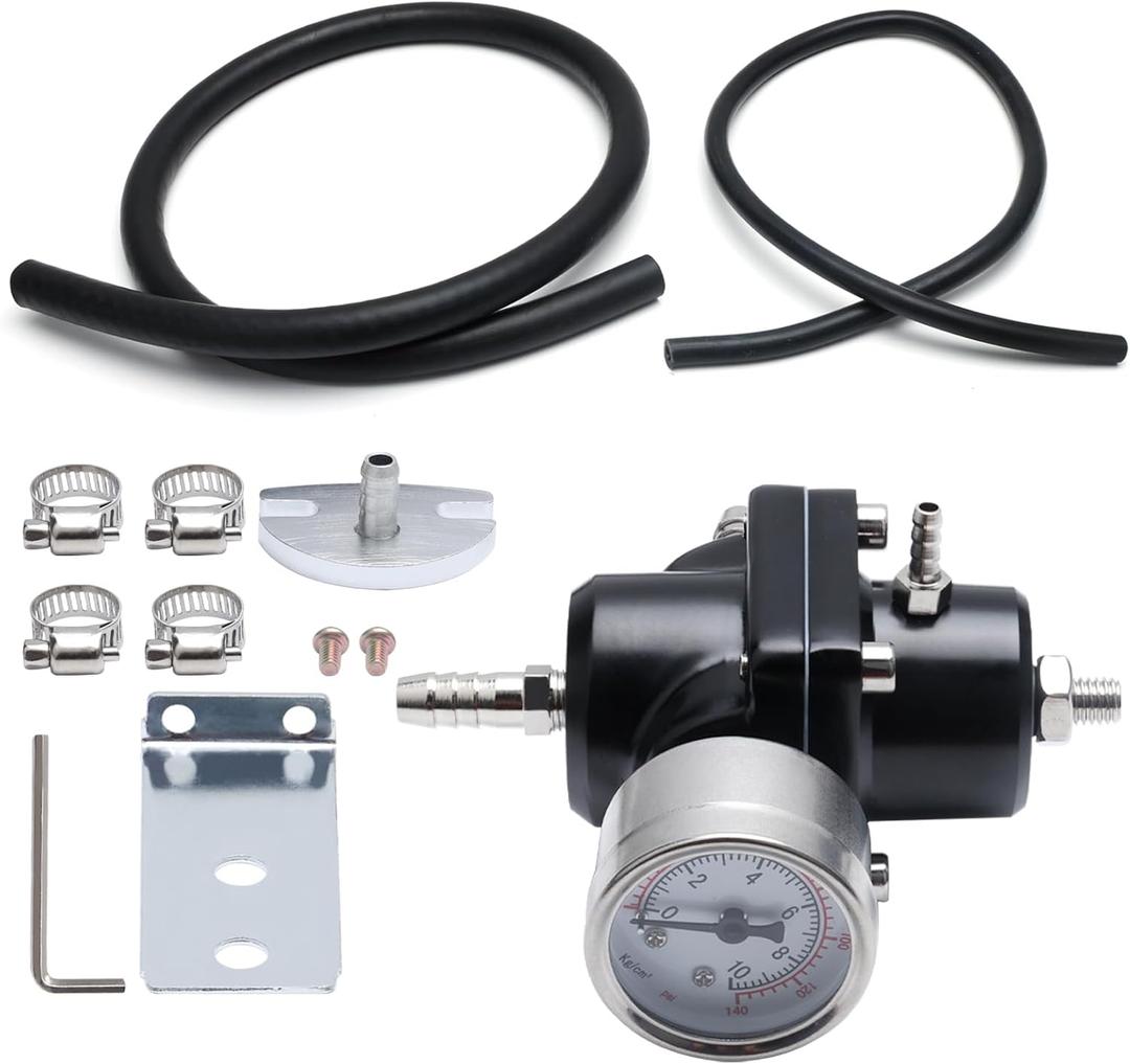 APIELE Adjustable Universal Fuel Pressure Regulator, Aluminum Gasoline Injection Pressure Regulator Kit with 0-140 PSI Gauge and Fuel Line Hose