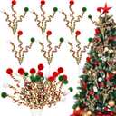 Norme 12 Pcs 13.8 Inch Christmas Tree Picks Christmas Tree Topper Decoration Red Green and White Artificial Curly Stem with Ball Pompom Ornament for Xmas Vase Filler Wreath Craft Supplies
