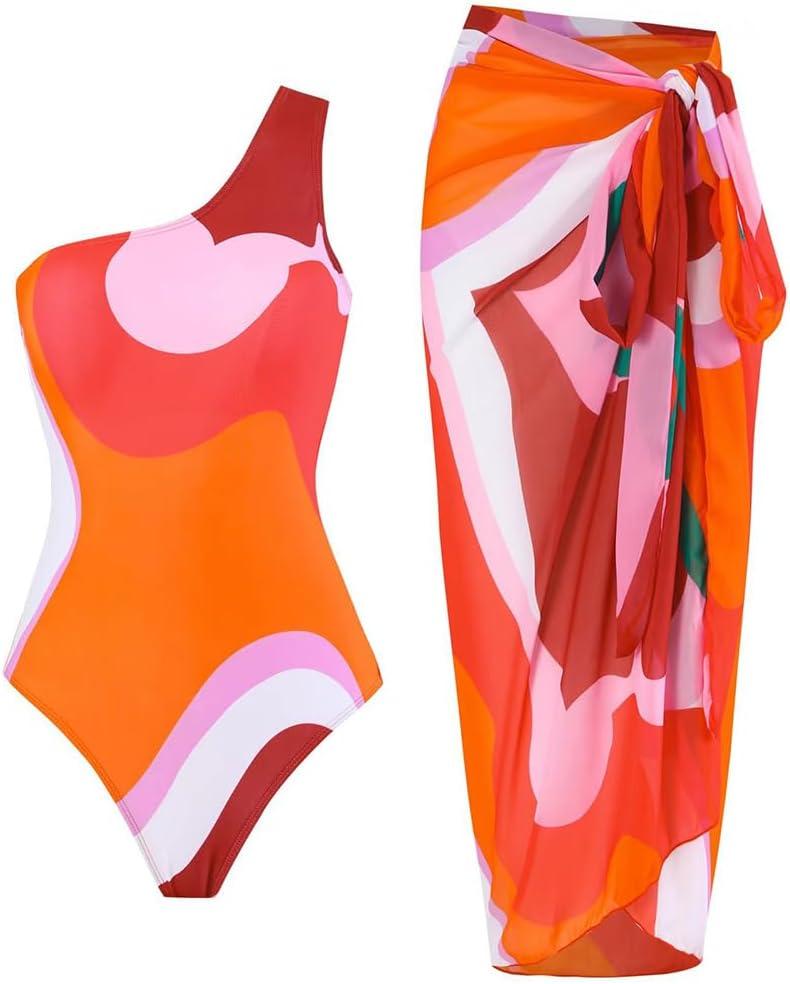 Women One-Piece Swimsuit with Cover up Sarong Wrap Skirt 2PCS Floral Bathing Suits Summer Holiday Beachwear (X-Large, Red & Orange)