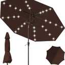 9FT Patio Umbrella with Solar Lights,Outdoor Market Umbrella with Tilt and Crank, LED Lighted Table Umbrella for Garden,Deck,Backyard,Pool,Beach (Brown)