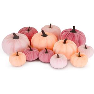 12 Faux Flocked Pumpkins, Perfect for Fall Harvest, Halloween, or Thanksgiving Table Centerpieces(12, Rose red, Purple, and Pink)