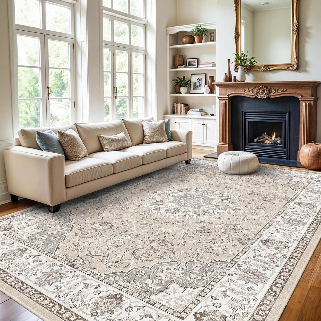 Washable Large 9x12 Area Rug - Living Room Oriental Non Slip Soft Rugs Indoor Low Pile Stain Resistant Carpet for Bedroom Dining Room Farmhouse Distressed Thin Home Decor Floor Mat (9x12 Beige)