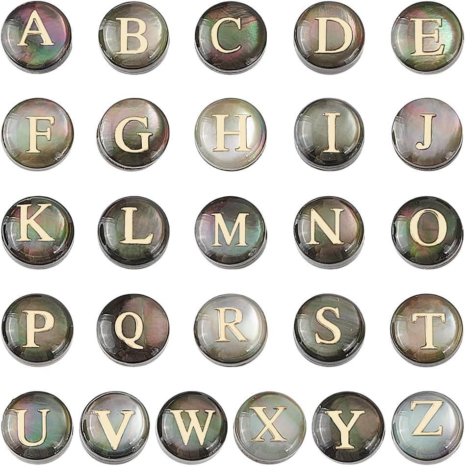 PH PandaHall 26PCS Alphabet A-Z Shell Beads, 8mm Freshwater Seashell Beads Flat Round Beads with Golden Letter Loose Beads for Boho DIY Necklace Bracelet Earring Jewelry Making Craft