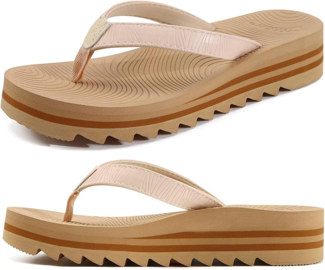 KuaiLu Womens Flip Flops Ladies Yoga Mat Platform Thong Sandals Dressy Womans Lightweight Summer Slip On Beach Flip Flop Sandles, Soft Cushion Footbed, Arch Support (7, Beigechoose a Smaller Size)