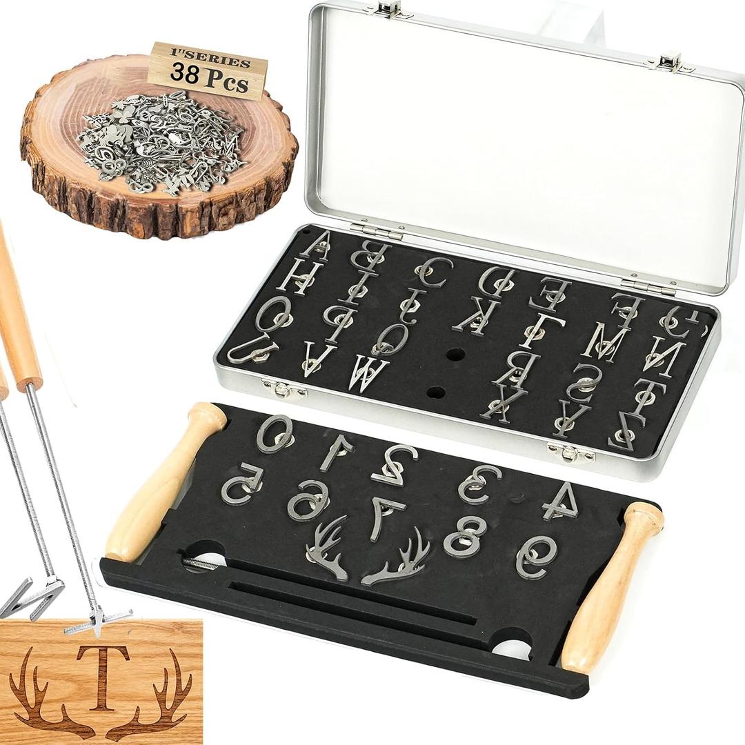 1" 38 Pcs Branding Iron Kit,A-Z Alphabet 0-9 Numbers and Antlers Design Gifts for Wedding & Handcraft for Wood Working DIY Leather Hat Craft Steak(38Pcs 1" Number/Alphabet/Christmas Antlers Set)