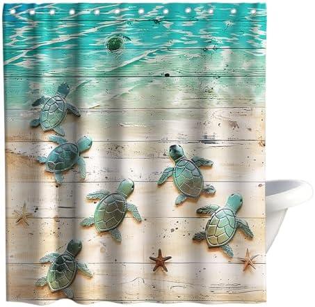Final Friday Green Beach Sea Turtle Shower Curtain Nautical Teal Theme Fabric Bathroom Blue Ocean Decor with Grommets and Hooks 72 x 72 Inch Blue