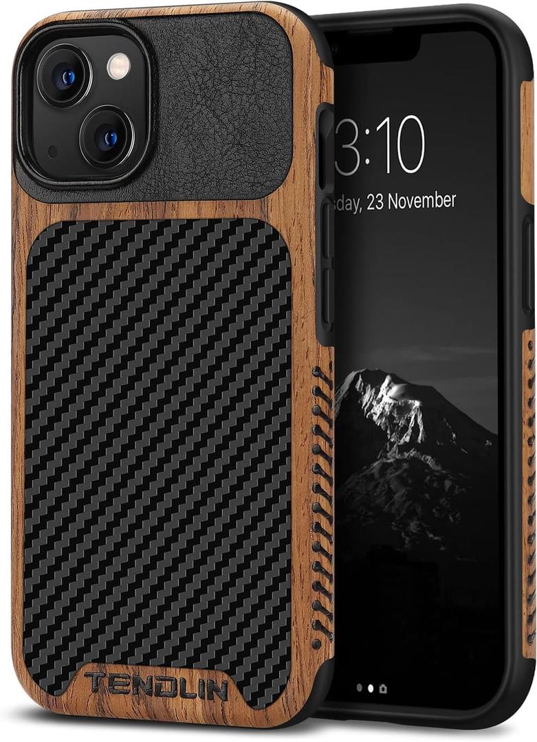 TENDLIN Compatible with iPhone 13 Case Wood Grain with Carbon Fiber Texture Design Leather Hybrid Case Compatible for iPhone 13 6.1-inch Released in 2021 Black