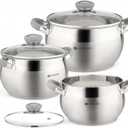 Daniks Modern 6-Piece Stainless Steel Induction Cookware Set  Dishwasher Safe Pots with Heatproof Handles, Glass Lids, Silver