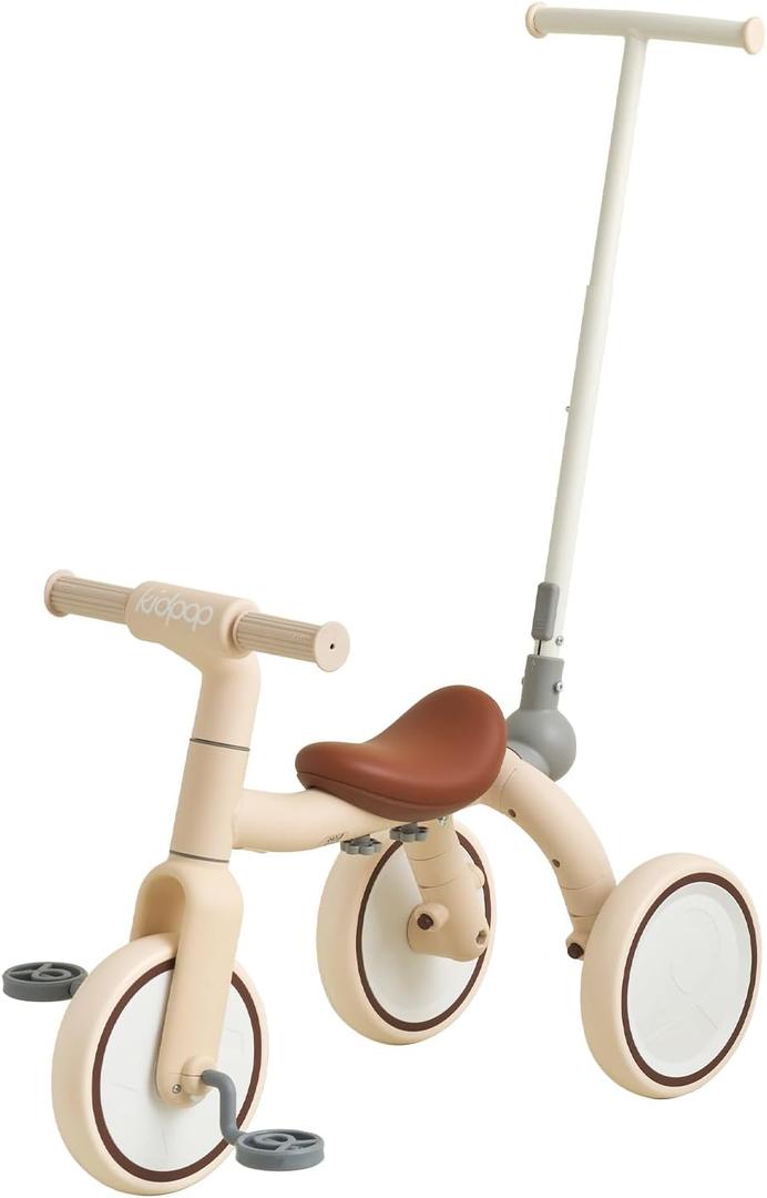 4-in-1 Toddler Tricycle with Adjustable Push Handle for 1-4 Year Old,Birthday Gift and Toy for Boys and Girls Removable Pedals Balance Bike&Scooter (Beige)