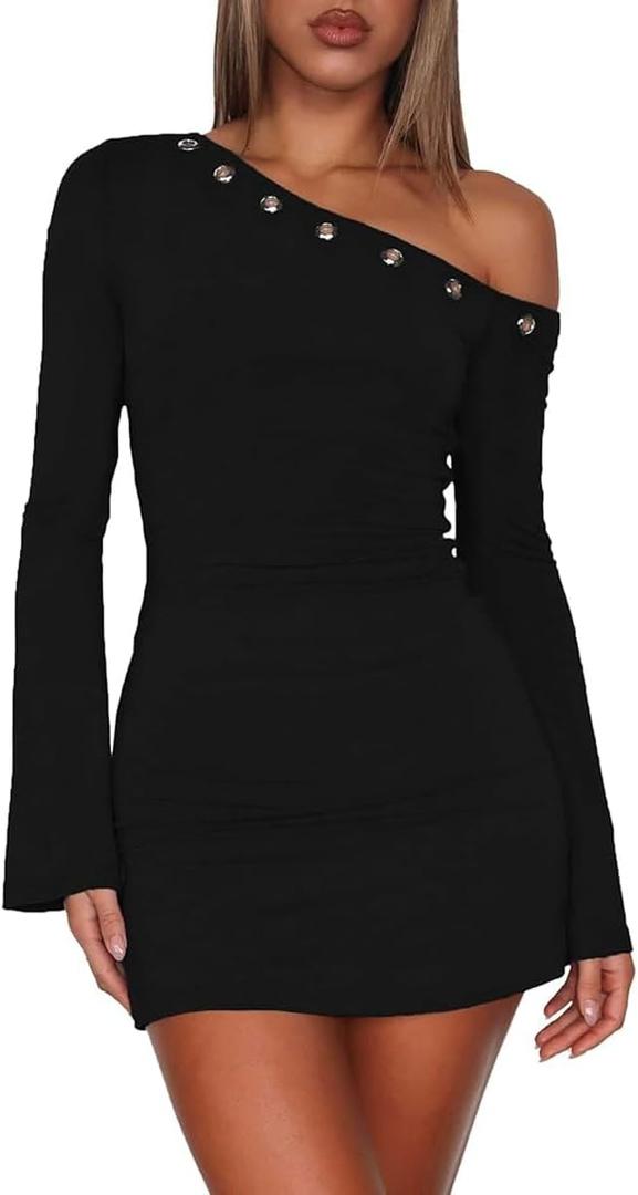 Women's One Shoulder Metal Ring Mini Dresses Sexy Flared Long Sleeve Slim Fit Bodycon Club Party Y2K Fall Dresses (Medium, Black)