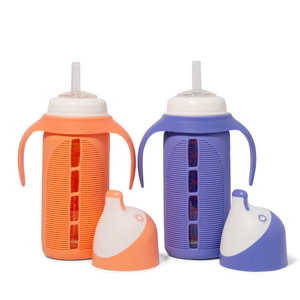 Set of 2 - Glass Sippy Cup for Toddlers - The Luca | Spill-Proof | Silicone Straw | Orange & Indigo Purple | 8 oz | Liquids Never Touch Plastic | Removable Handles… (purple)