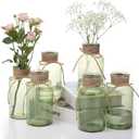 Green Glass Flower Vases for Centerpieces Set of 6, Mason Jars Boho Cylinder Bud Vases in Bulk, for Weddings Parties Vintage Home Decor