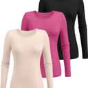Ficerd 3 Pack Women's Ribbed Long Sleeve Tops, Crew Neck Slim Fit Undershirts Knit Basic Casual Stretch Layering Tee Shirts (Yellow, M)