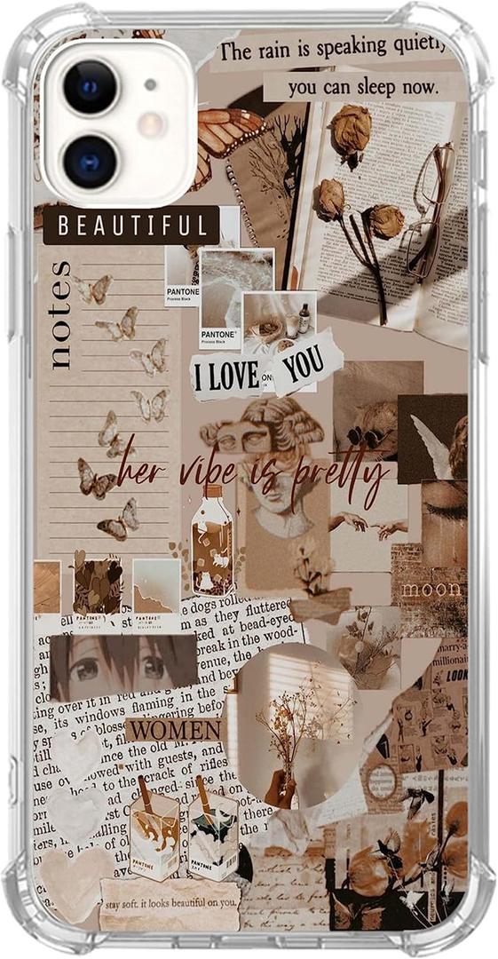 Aesthetic Vintage Beige Collage Case for iPhone 12 Pro, Rose Butterfly Postcard Cover, Cool Cute TPU Bumper Phone Case
