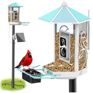 Metal Bird Feeder with Camera and 74.5 Inch Pole - Smart Camera Bird Feeder Solar Powered with 2k Live Stream for Backyard, Ai Identify Auto Capture Videos, Gifts for Birdlover Mom Dad