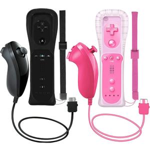 ZeroStory 2 Packs Wireless Controller and Nunchuck for Wii and Wii U Console, Gamepad with Silicone Case and Wrist Strap (Black and Pink)