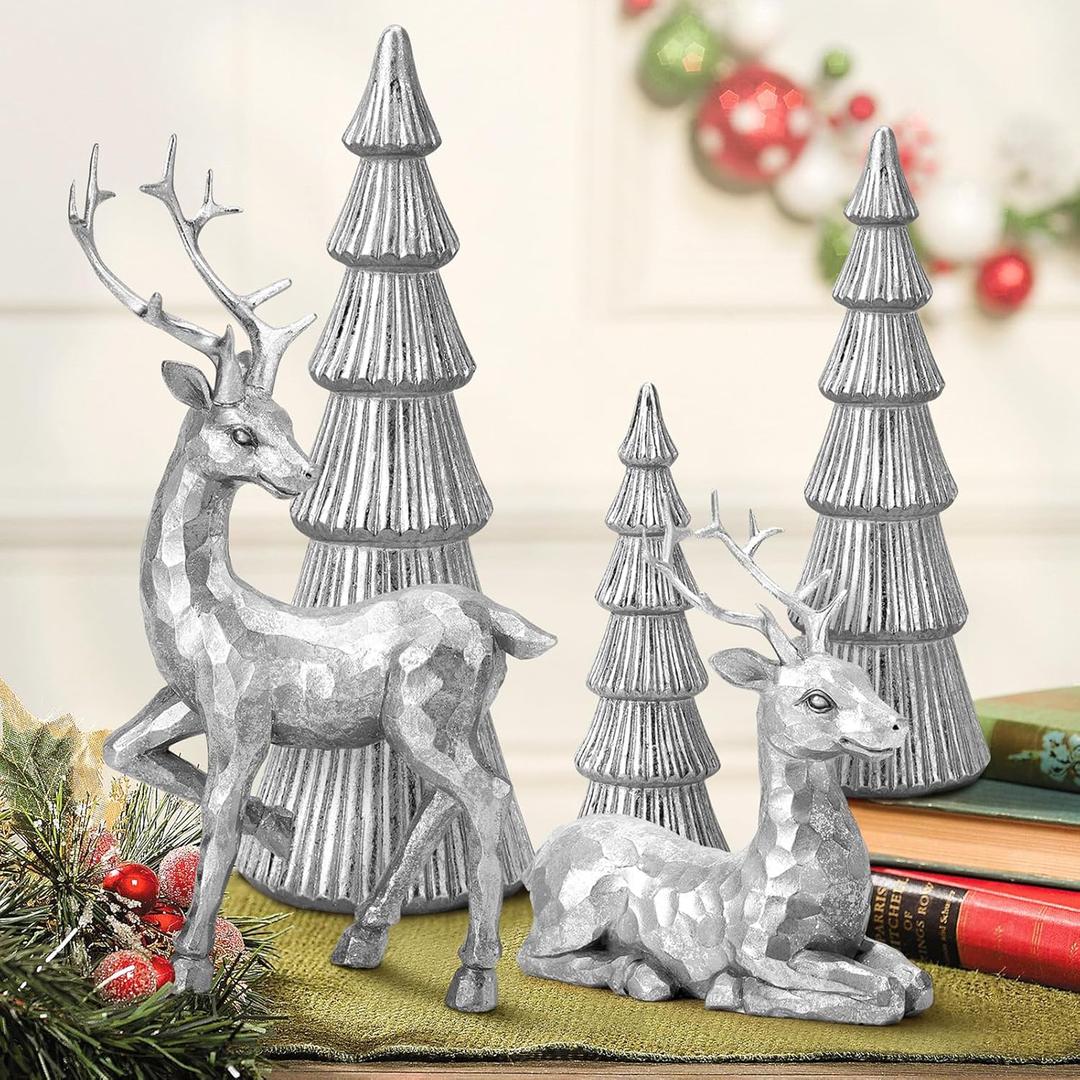 Hommtina Reindeer Christmas Decoration and Mini Christmas Trees,Christmas Reindeer Statues Lucky Reindeer Decor for Indoor Home Decor Tabletop Mantle Cabinet Desktop Office (Bright Silver)