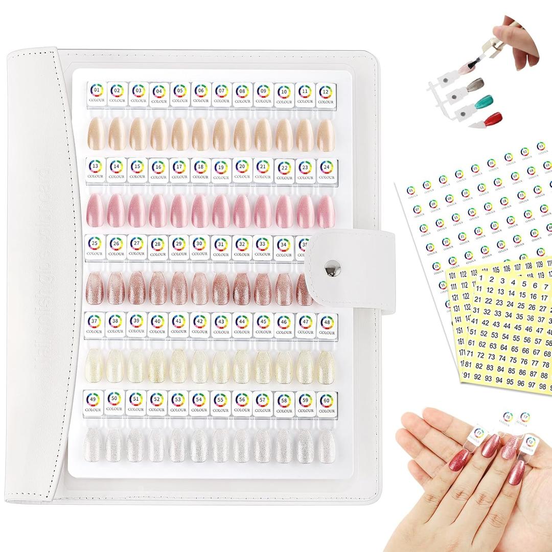 60 Magnetic Nail Swatch Book,Leather Nail Color Display Book with 72 Magnetic Tips & Number Labels,Professional Nail Salon Color Display Book for Easy Preview & Storage White