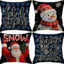 4pack Winter Snow Throw Pillow Case Buffalo Check Plaid with Snowman Santa Cushion Covers Christmas Winter Holiday Farmhouse Decorative Pillowcases 18 x 18 Inches for Sofa Couch (Blue)
