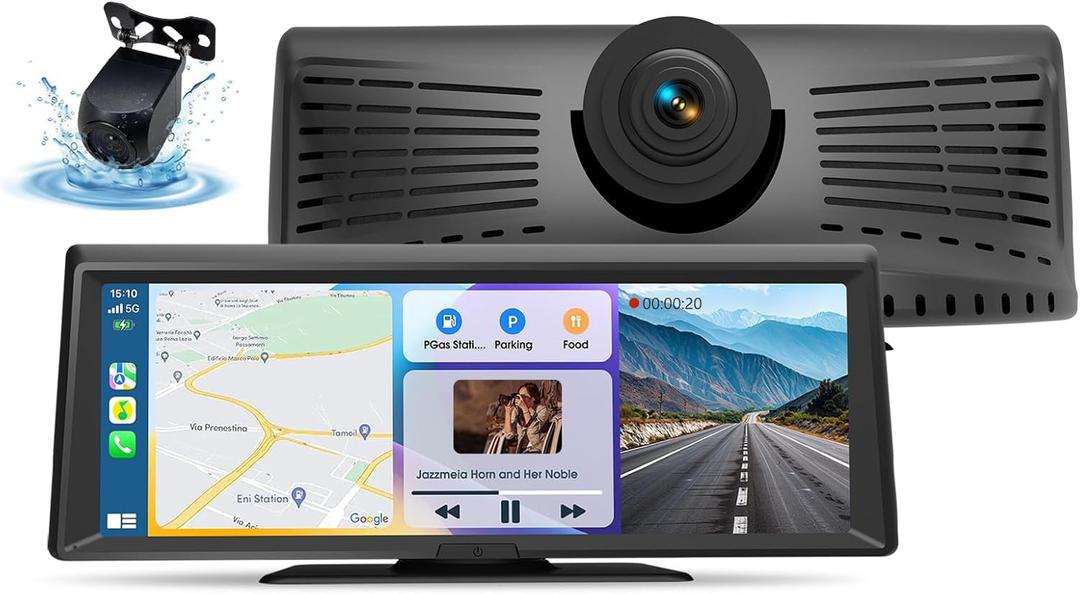 Wireless Portable CarPlay Screen8.1" Portable Touchscreen Car Stereo with 2K Dash Cam/Carplay & Android Auto1080P Backup CameraGPS NavigationVoice ControlLoop RecordingMirror Link