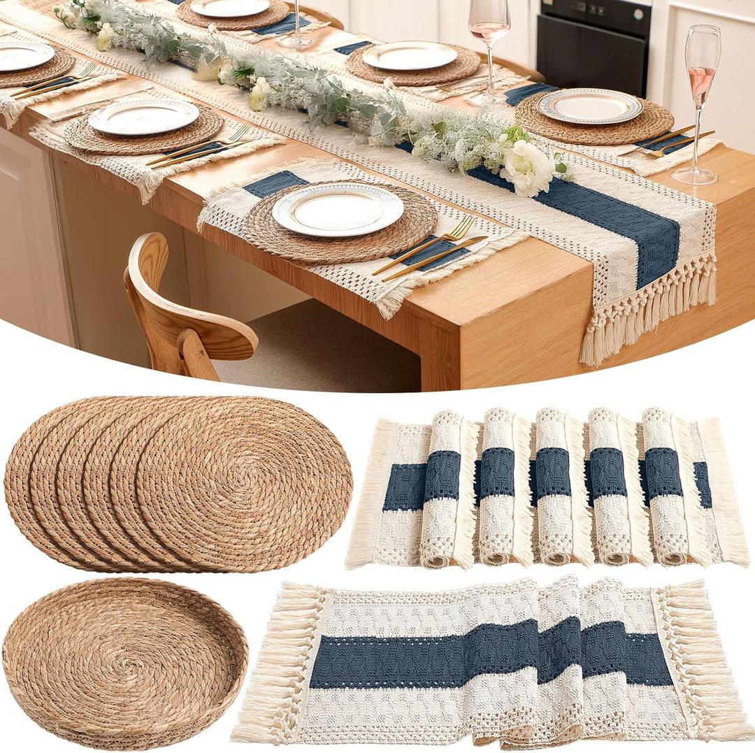 Boho Placemats 4/6/8 Set of Round Woven Placemat Macrame Style Bicolor Stitching Long Table Runner Farmhouse Rustic Natural Burlap Cotton for Kitchen Dining Table(6 Sets,Blue,12x72)