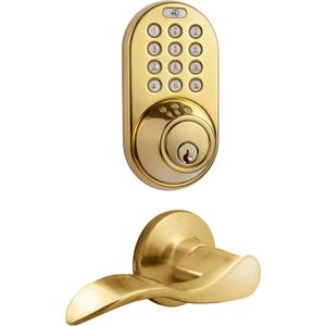 MiLocks DFL-02P Electronic Touchpad Entry Keyless Deadbolt and Passage Lever Combo, Polished Brass