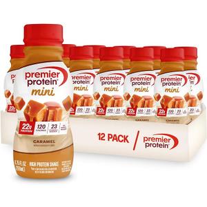 Premier Protein Shake MINIs, Caramel, 22g Protein, 120 Calories, 1g Sugar, 8.75fl oz, Pack of 12 (Best Before Aug. 17, 2026)