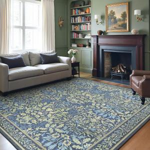 GENIMO 8x10 Washable Area Rug, Non-Slip Vintage Boho Floral Carpet, Soft Low-Pile Thin Living Room Rug for Bedroom, Dining Room, Nursery, Dark Blue