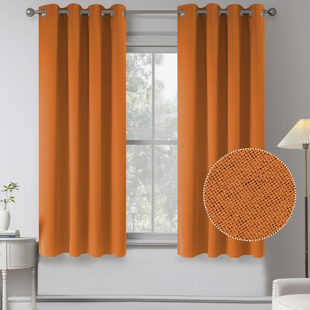 Faux Linen Texture Short Blackout Curtains for Kitchen -2 Panels 100% Blackout Thermal Insulated Entryway Cottage Decor Solid Grommet Window Curtains for Bathroom (W52 x L45 Inch Long,Russet Orange)