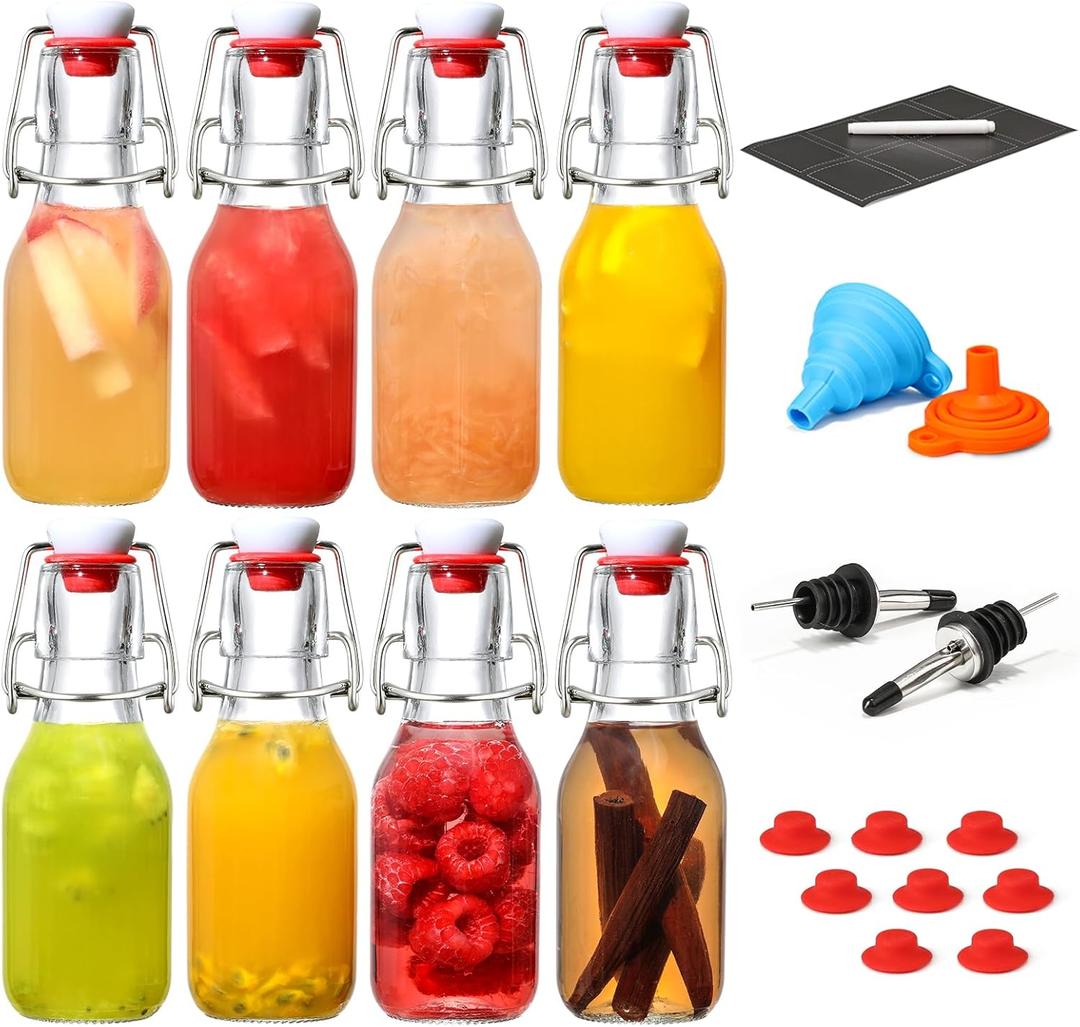 8 Set, 4 OZ Swing Top Glass Bottles - Flip Top Beer Brewing Bottles with Stopper for 2nd Fermentation, Kombucha, Mead Kefir, Vanilla Extract, Juice, Tea, Wine - Airtight Cap Lids, Bonus 2 Pourers