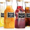 Glass Carafe with Bamboo Lid, Square 35 Oz Beverage Dispensers Carafe, Mimosa Bar Supplies, Round Clear Glass Pitcher with Name Labels for Iced Tea, Coffee, Juice(Set of 6)