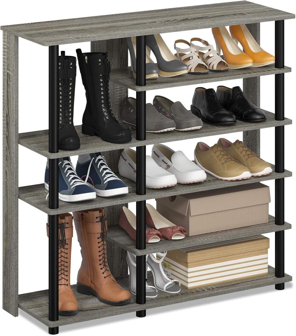 Furinno Turn-N-Tube Multi Storage Shoe Rack, 35.2"W 6-Tier, French Oak Grey/Black