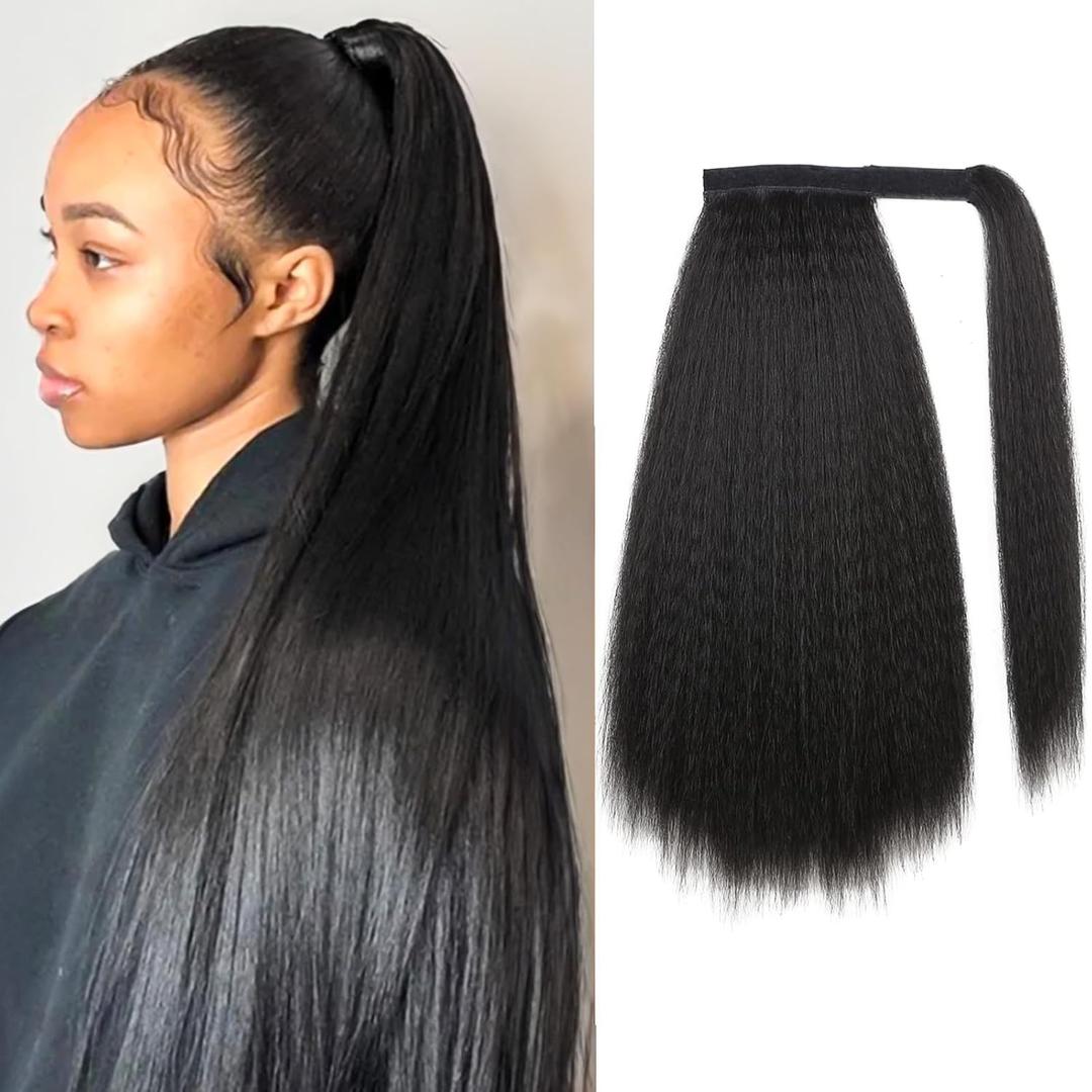 Yaki Straight Ponytail Extension, Wrap Around Ponytail Extension for Black Women, Yaki Human Hair Extension, Natural Black (Ponytail with hairband, 16 inch)