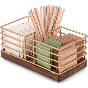 Geelin Sugar Packet Holder, Sugar Caddy, Farmhouse Metal Tea Bag Organizer, Stirrers Straws Small Condiments Packet Container for Coffee Bar, Kitchen Office Home 5.7" x 3.1" x 2.4" (Rustic Gold)