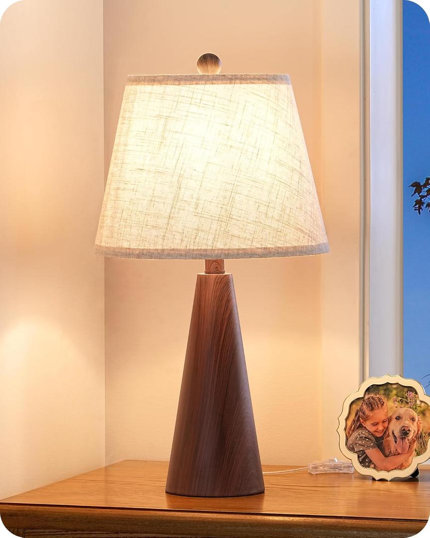 EDISHINE 21.85" Boho Table Lamp, Farmhouse Bedside Lamp, Water Transfer Red Wood Grain Metal Base, Beige Linen Shade, Rustic Nightstand Light for Living Room, Bedroom, Office, E26 Base (Mahogany Color 1)