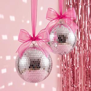 Disco Cowgirl Party Decorations, 2-pack 8-inch Hanging Disco Ball with Hot Pink Organza & Fishing Line, Hot Pink Party Decor for Birthday, Bachelorette, Baby Shower, Bridal Shower
